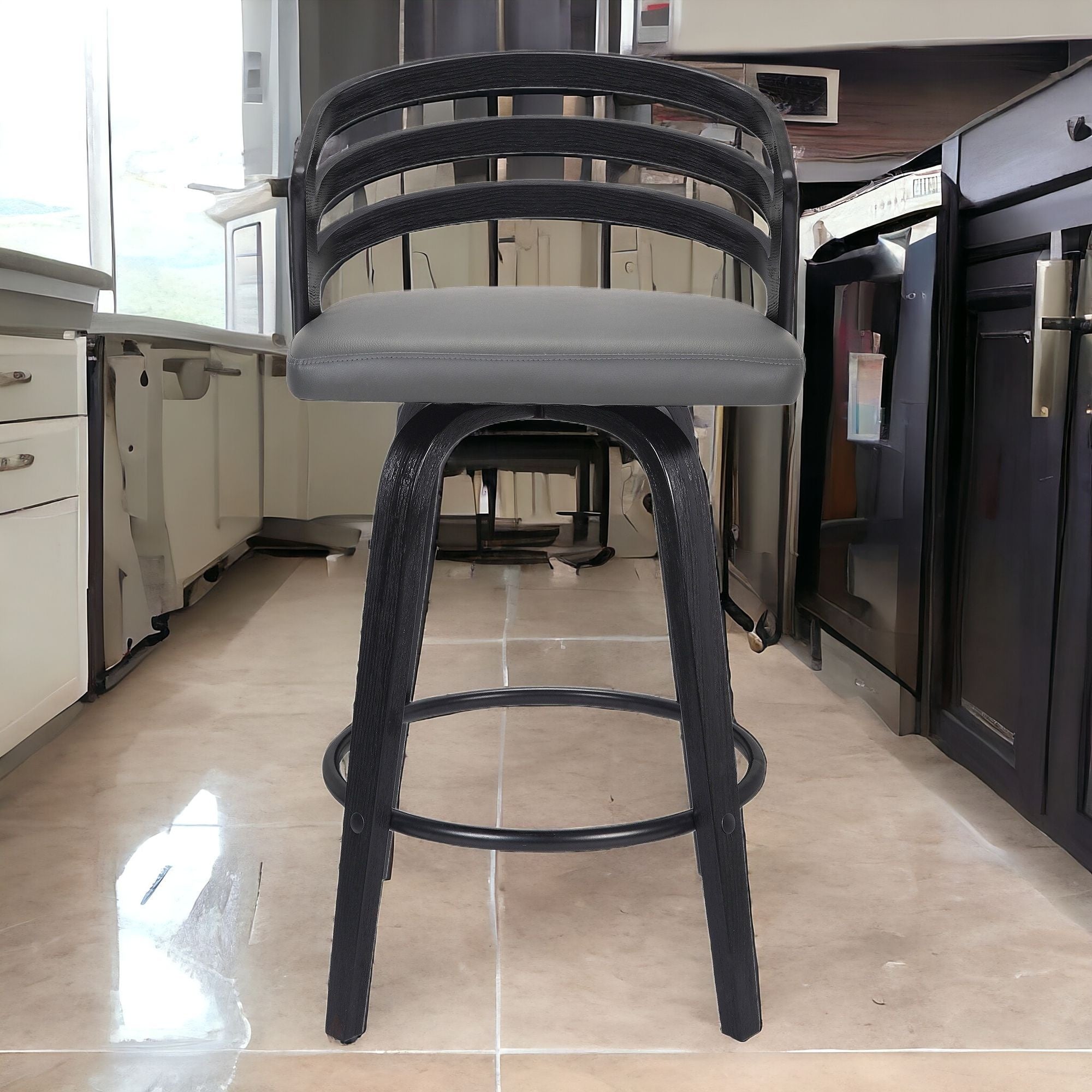 30" Gray And Black Iron Swivel Low Back Bar Height Bar Chair