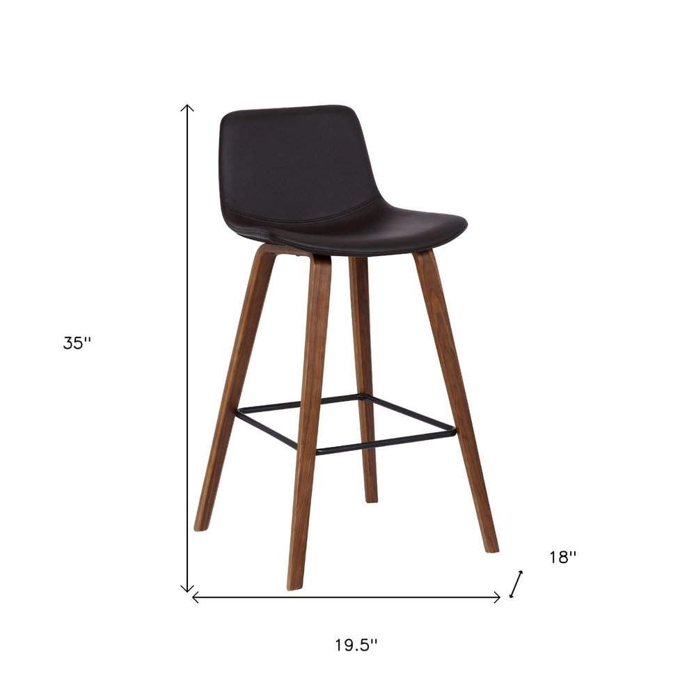 26" Brown Faux Leather And Fabric And Solid Wood Low Back Counter Height Bar Chair