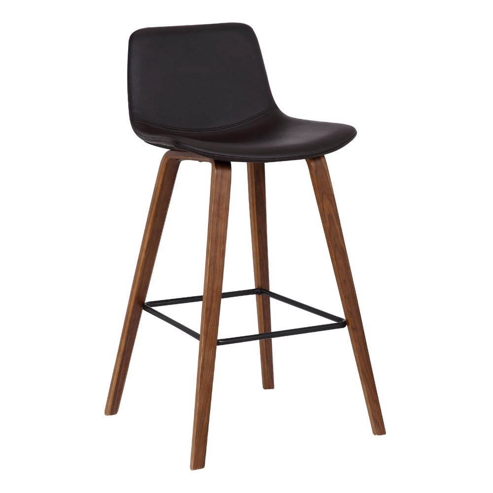 26" Brown Faux Leather And Fabric And Solid Wood Low Back Counter Height Bar Chair