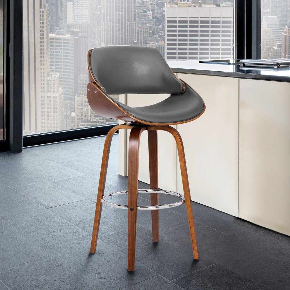 26" Gray And Brown Faux Leather And Fabric And Iron Low Back Counter Height Swivel Bar Chair