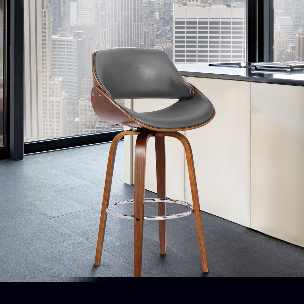 26" Gray And Brown Faux Leather And Iron Swivel Low Back Counter Height Bar Chair