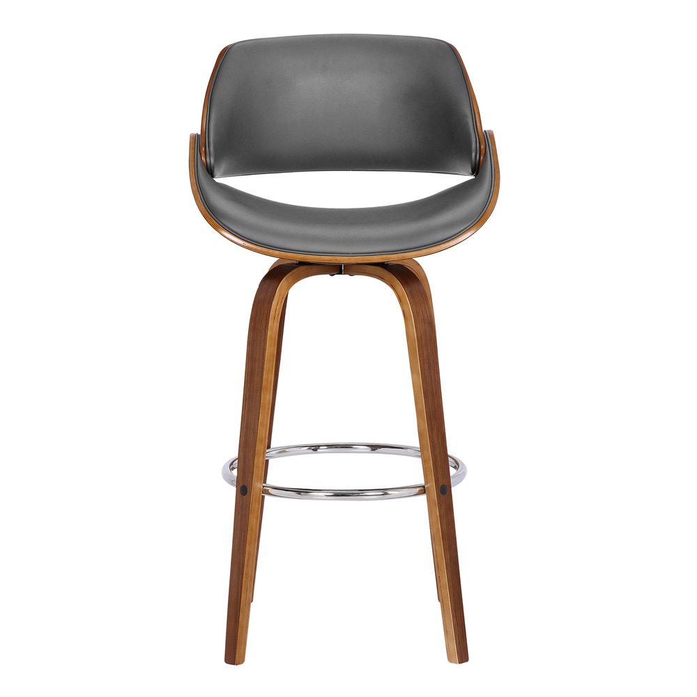 26" Gray And Brown Faux Leather And Fabric And Iron Low Back Counter Height Swivel Bar Chair