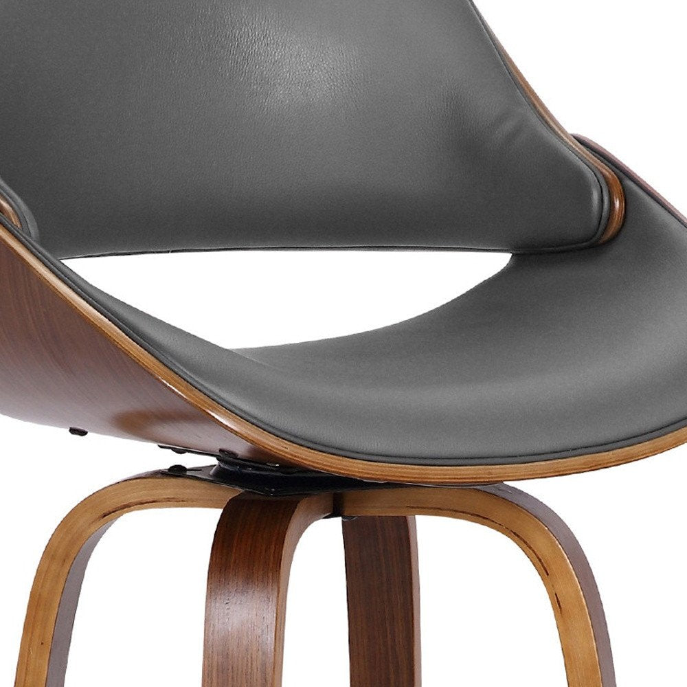 26" Gray And Brown Faux Leather And Fabric And Iron Low Back Counter Height Swivel Bar Chair
