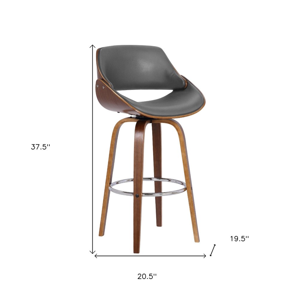 26" Gray And Brown Faux Leather And Fabric And Iron Low Back Counter Height Swivel Bar Chair