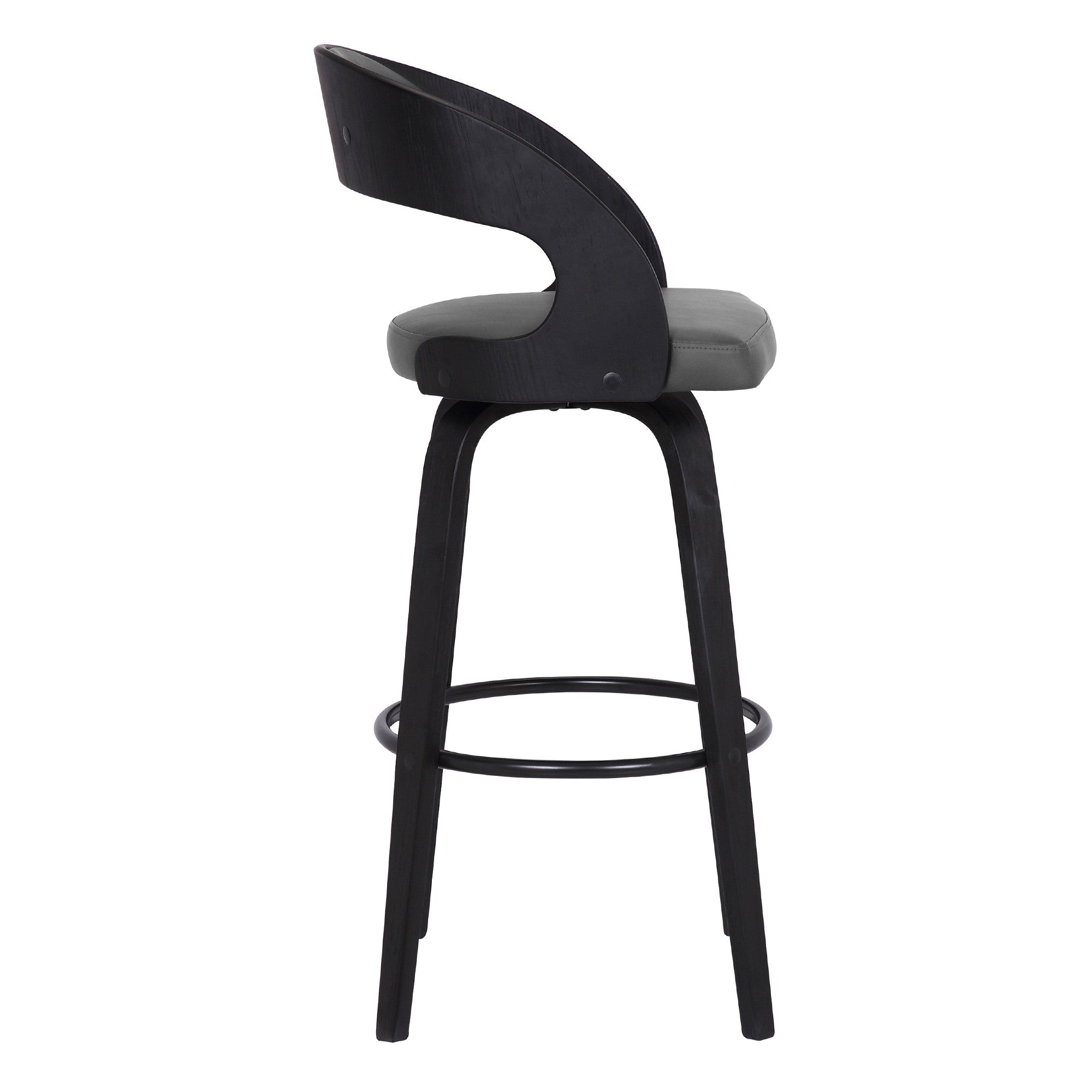 26" Gray And Black Faux Leather And Fabric And Iron Low Back Counter Height Swivel Bar Chair