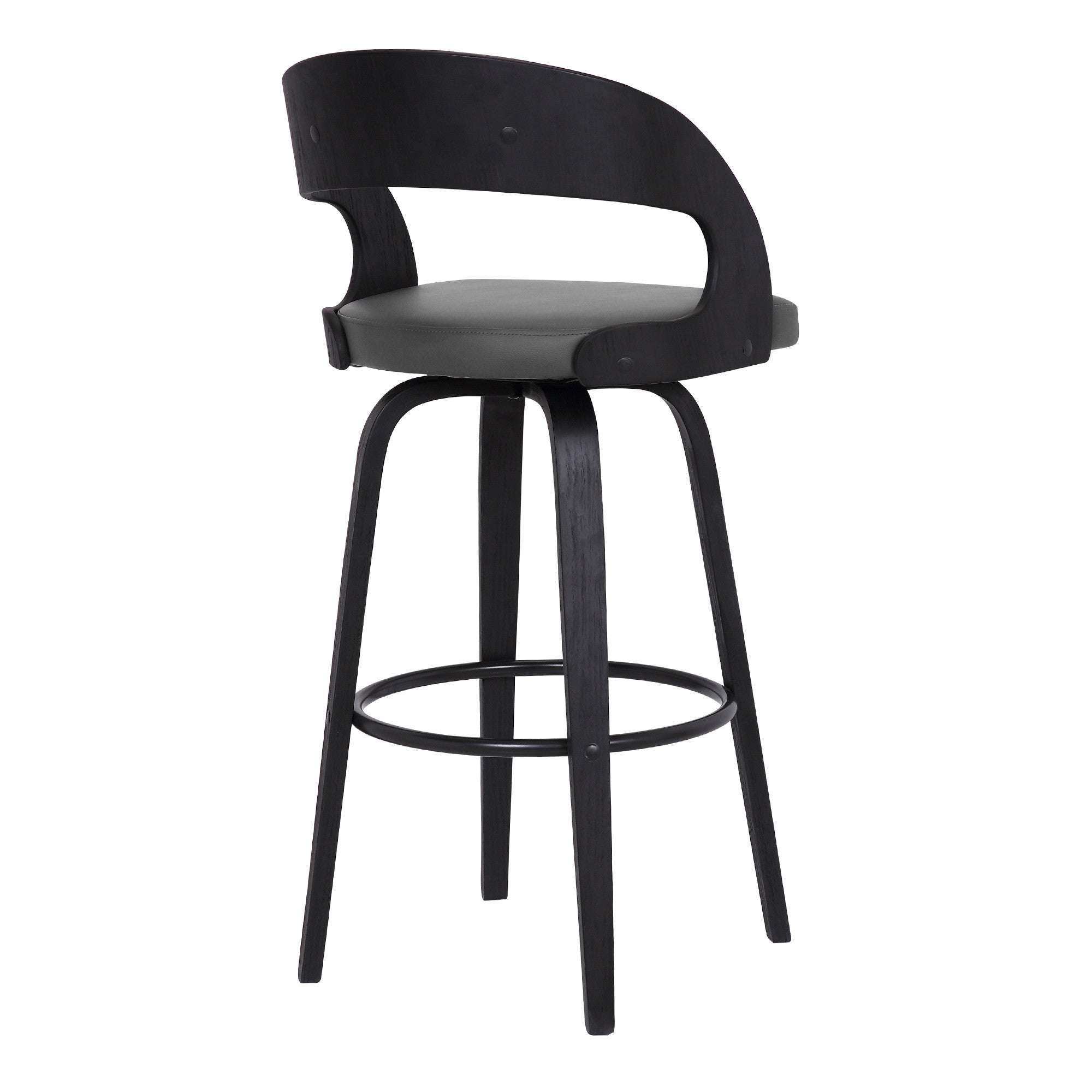 26" Gray And Black Faux Leather And Fabric And Iron Low Back Counter Height Swivel Bar Chair