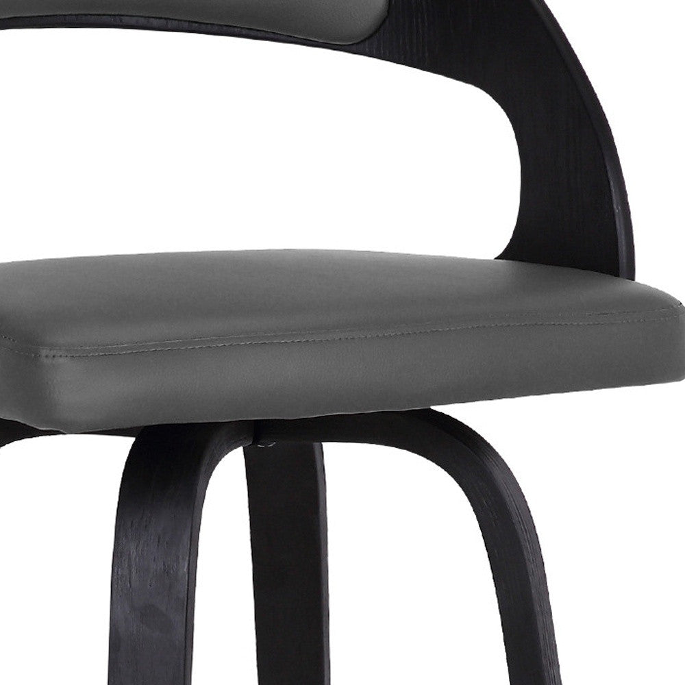 26" Gray And Black Faux Leather And Fabric And Iron Low Back Counter Height Swivel Bar Chair