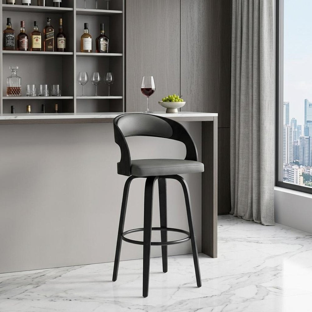 30" Gray And Black Iron Swivel Low Back Bar Height Bar Chair