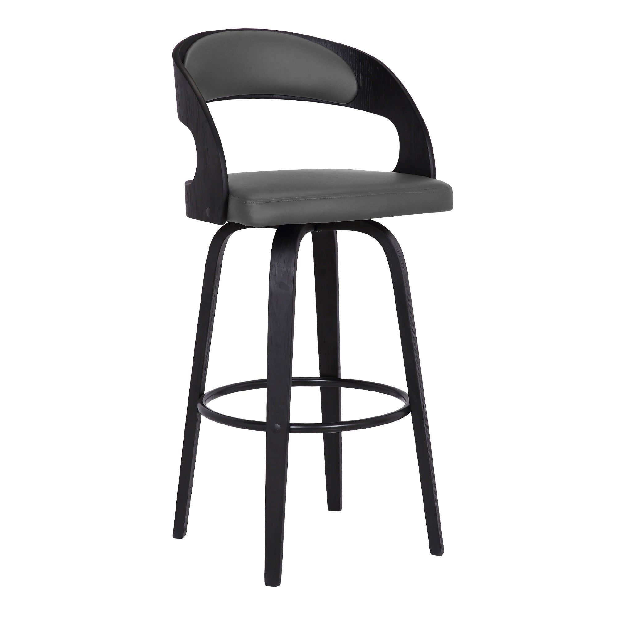 30" Gray And Black Fabric And Iron Low Back Bar Height Swivel Bar Chair