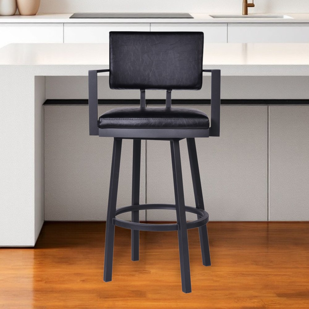 26" Black Faux Leather and Iron Counter Height Swivel Bar Chair