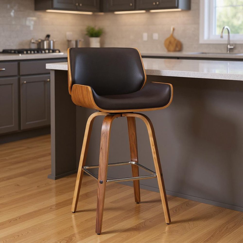 26" Brown Fabric And Solid Wood Low Back Counter Height Swivel Bar Chair