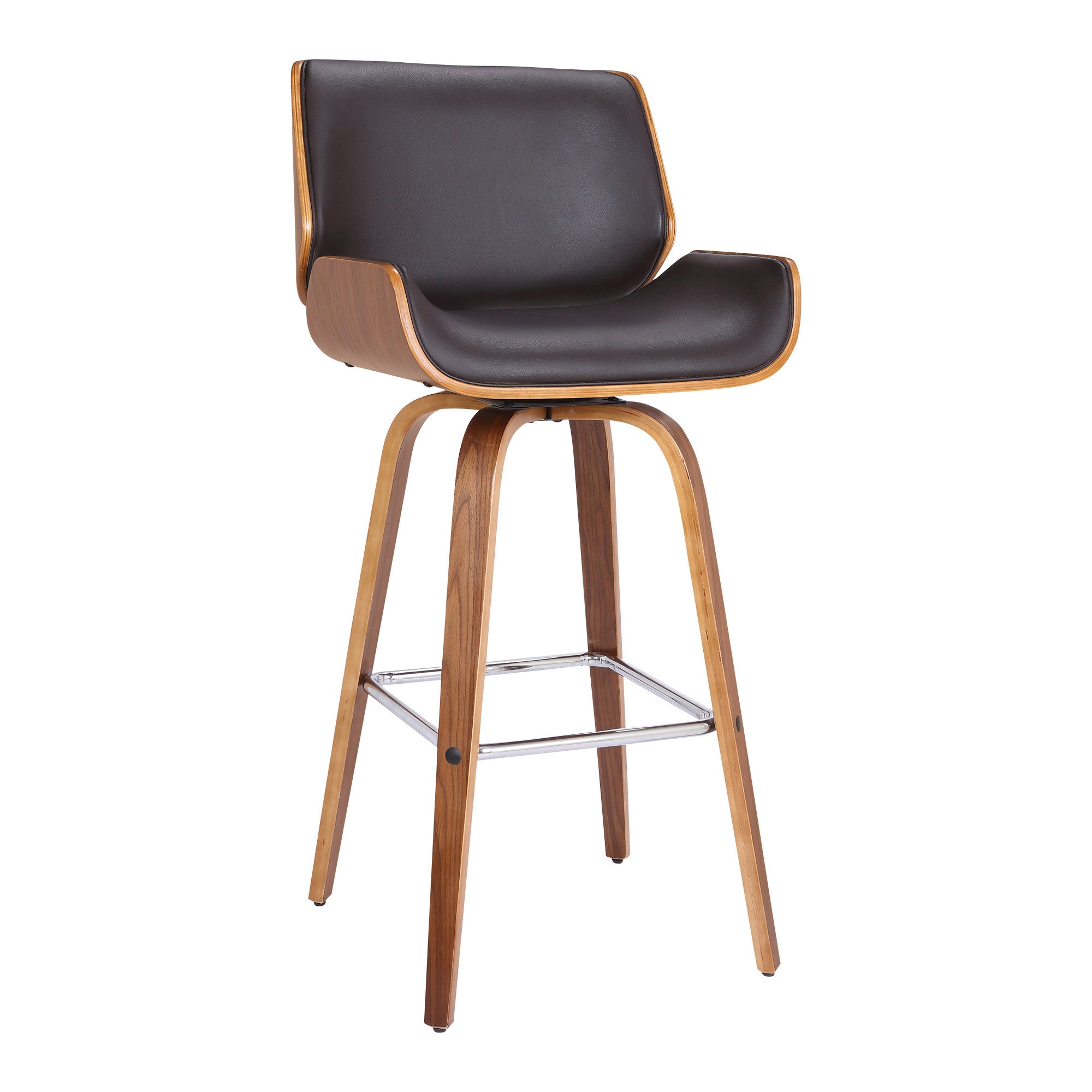 30" Brown Fabric And Solid Wood Low Back Bar Height Swivel Bar Chair