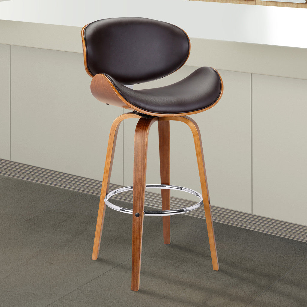 26" Brown Faux Leather And Fabric And Iron Low Back Counter Height Swivel Bar Chair