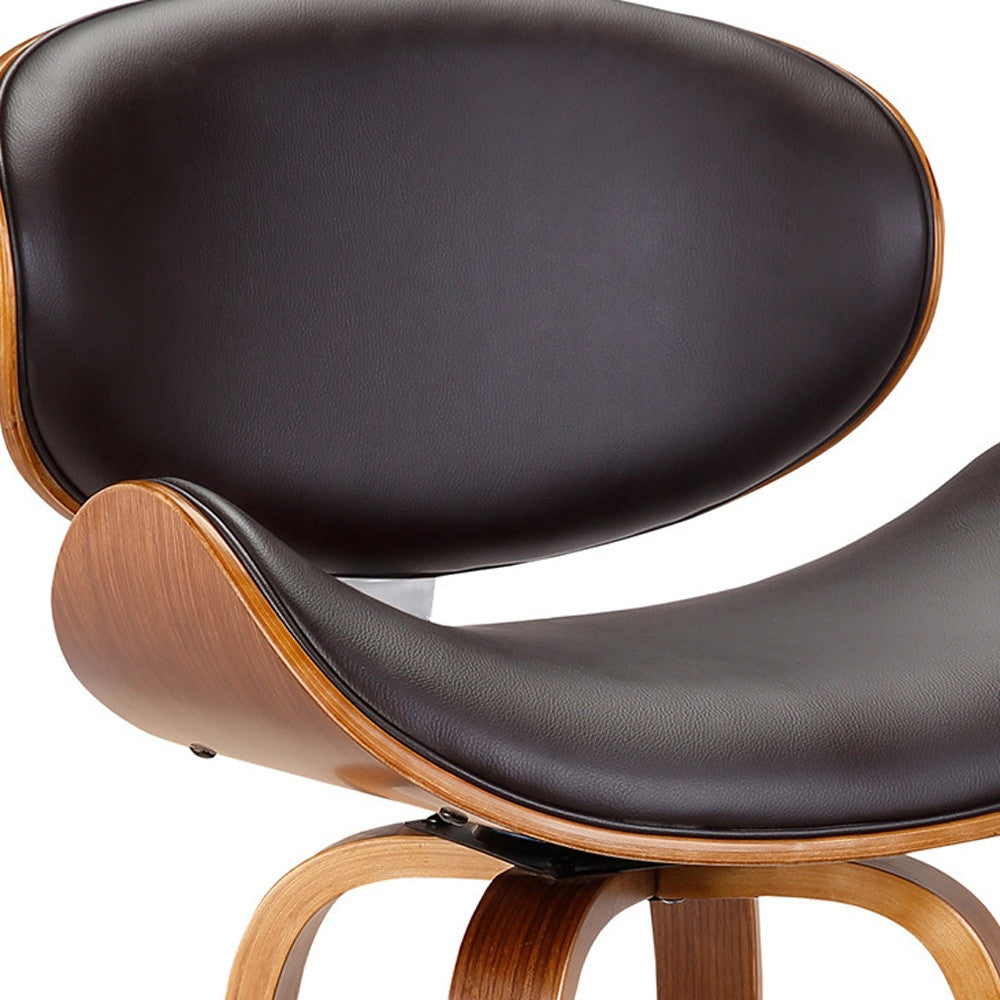 26" Brown Faux Leather And Fabric And Iron Low Back Counter Height Swivel Bar Chair