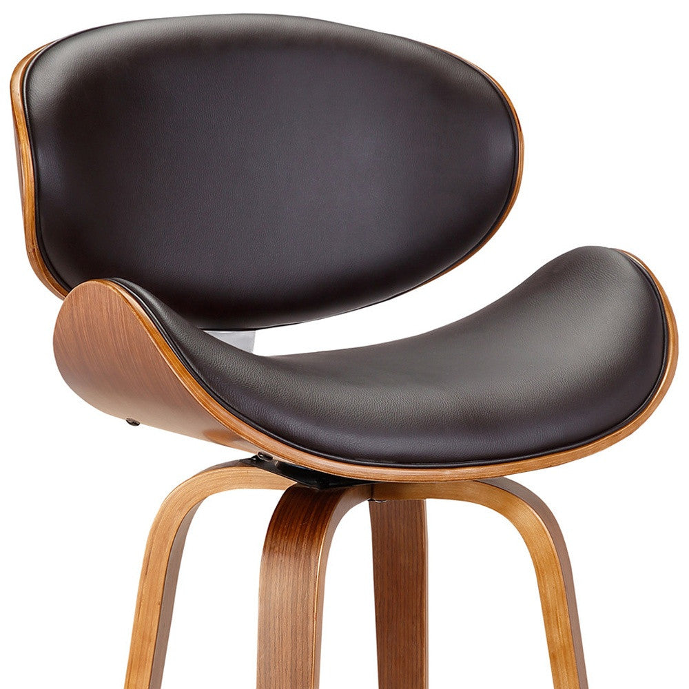26" Brown Faux Leather And Fabric And Iron Low Back Counter Height Swivel Bar Chair