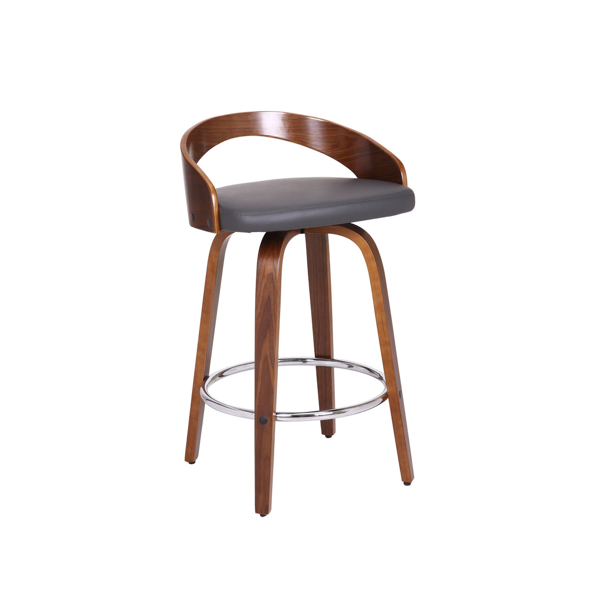 26" Gray And Brown Faux Leather And Fabric And Iron Low Back Counter Height Swivel Bar Chair