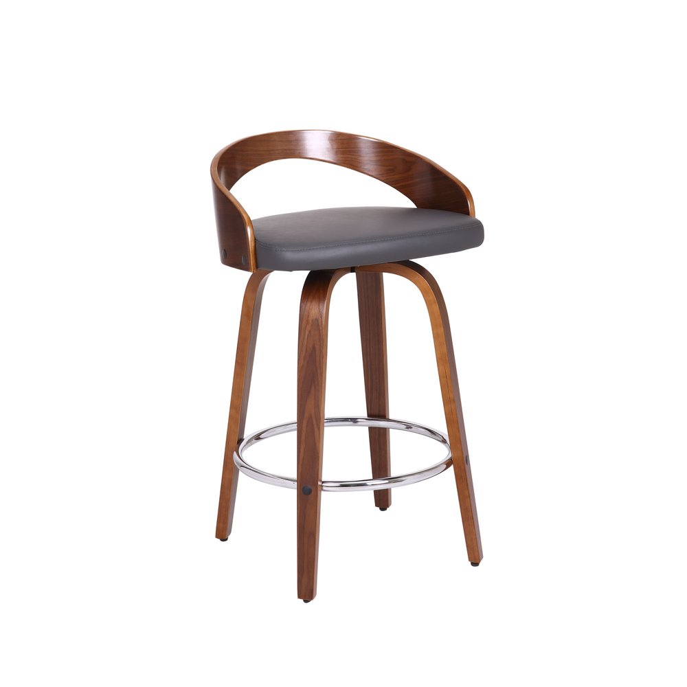 26" Gray And Brown Faux Leather And Fabric And Iron Low Back Counter Height Swivel Bar Chair