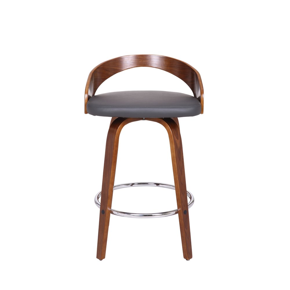 26" Gray And Brown Faux Leather And Fabric And Iron Low Back Counter Height Swivel Bar Chair