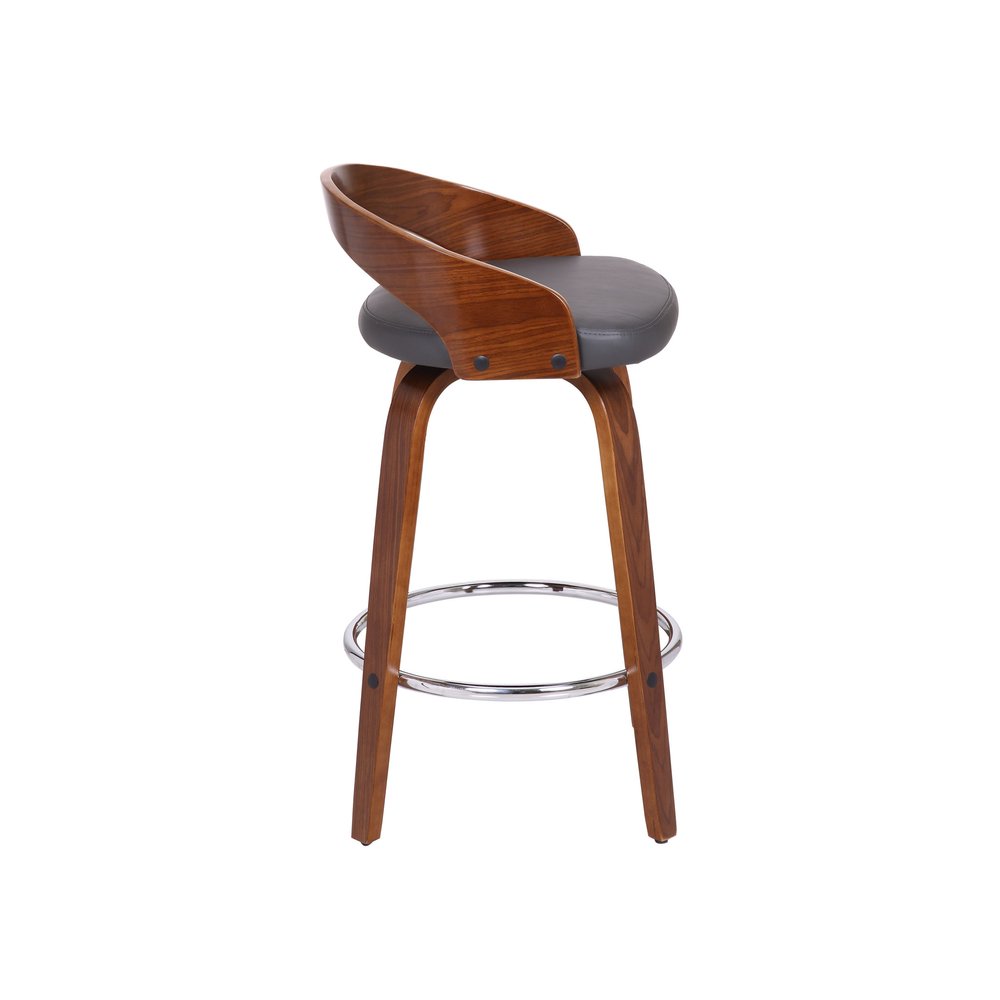 26" Gray And Brown Faux Leather And Fabric And Iron Low Back Counter Height Swivel Bar Chair