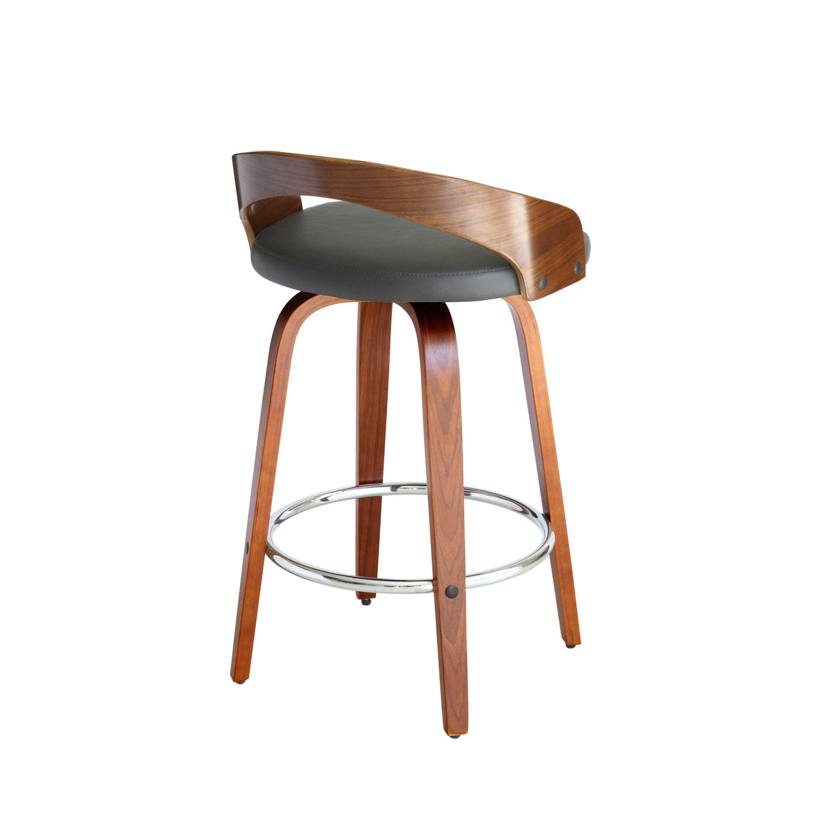 26" Gray And Brown Faux Leather And Fabric And Iron Low Back Counter Height Swivel Bar Chair