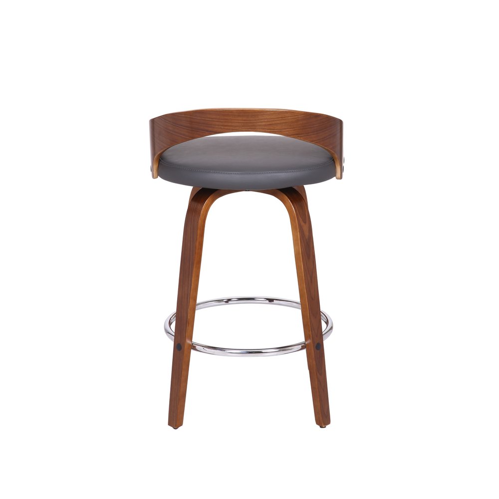 26" Gray And Brown Faux Leather And Fabric And Iron Low Back Counter Height Swivel Bar Chair