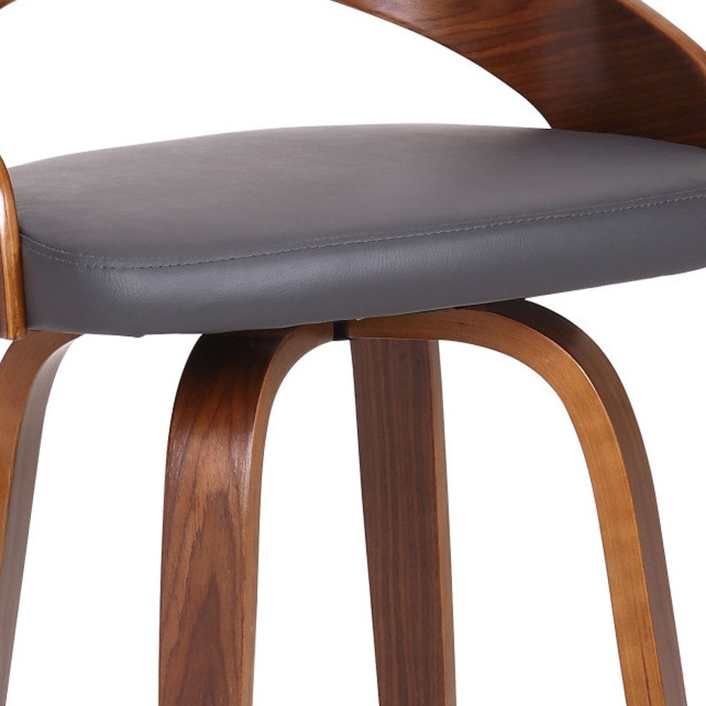 26" Gray And Brown Faux Leather And Fabric And Iron Low Back Counter Height Swivel Bar Chair