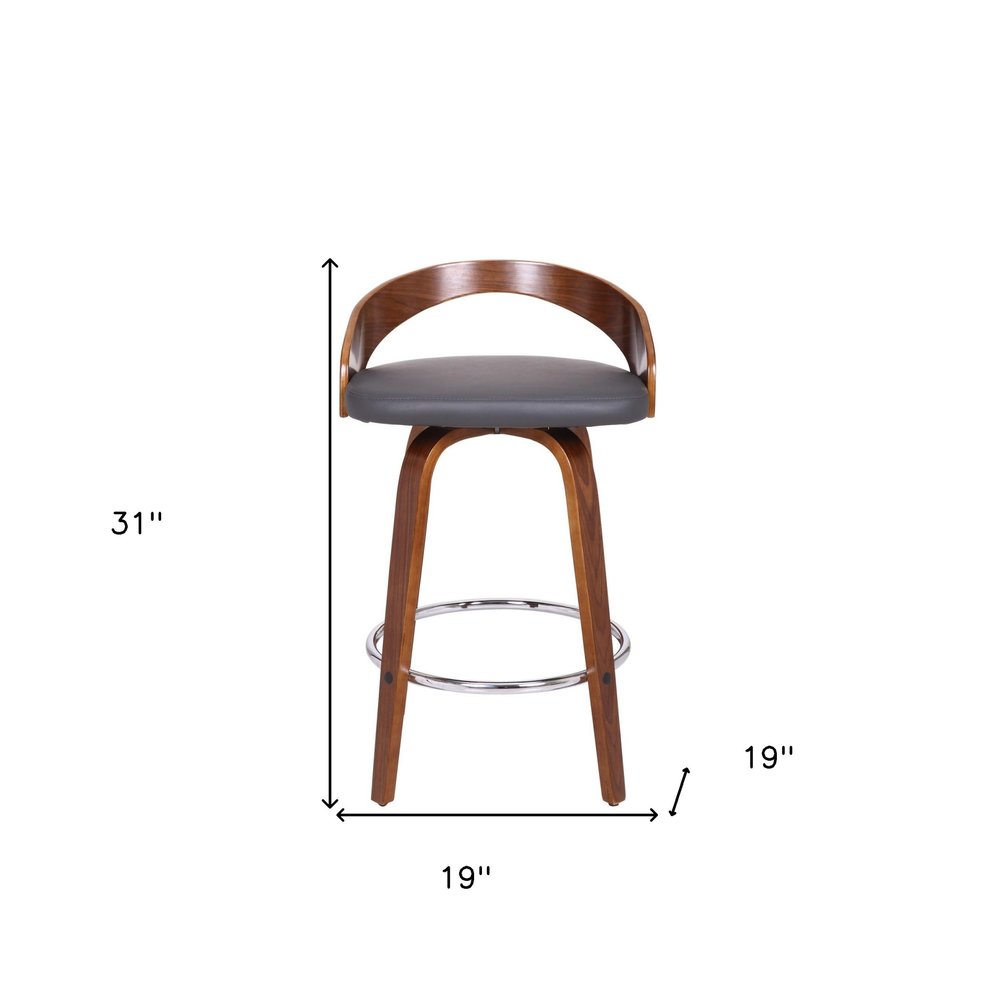 26" Gray And Brown Faux Leather And Fabric And Iron Low Back Counter Height Swivel Bar Chair