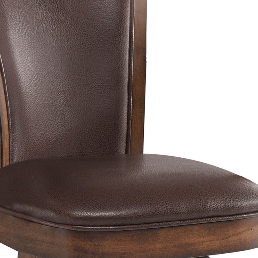 26" Brown And Chestnut Faux Leather And Solid Wood Swivel Counter Height Bar Chair