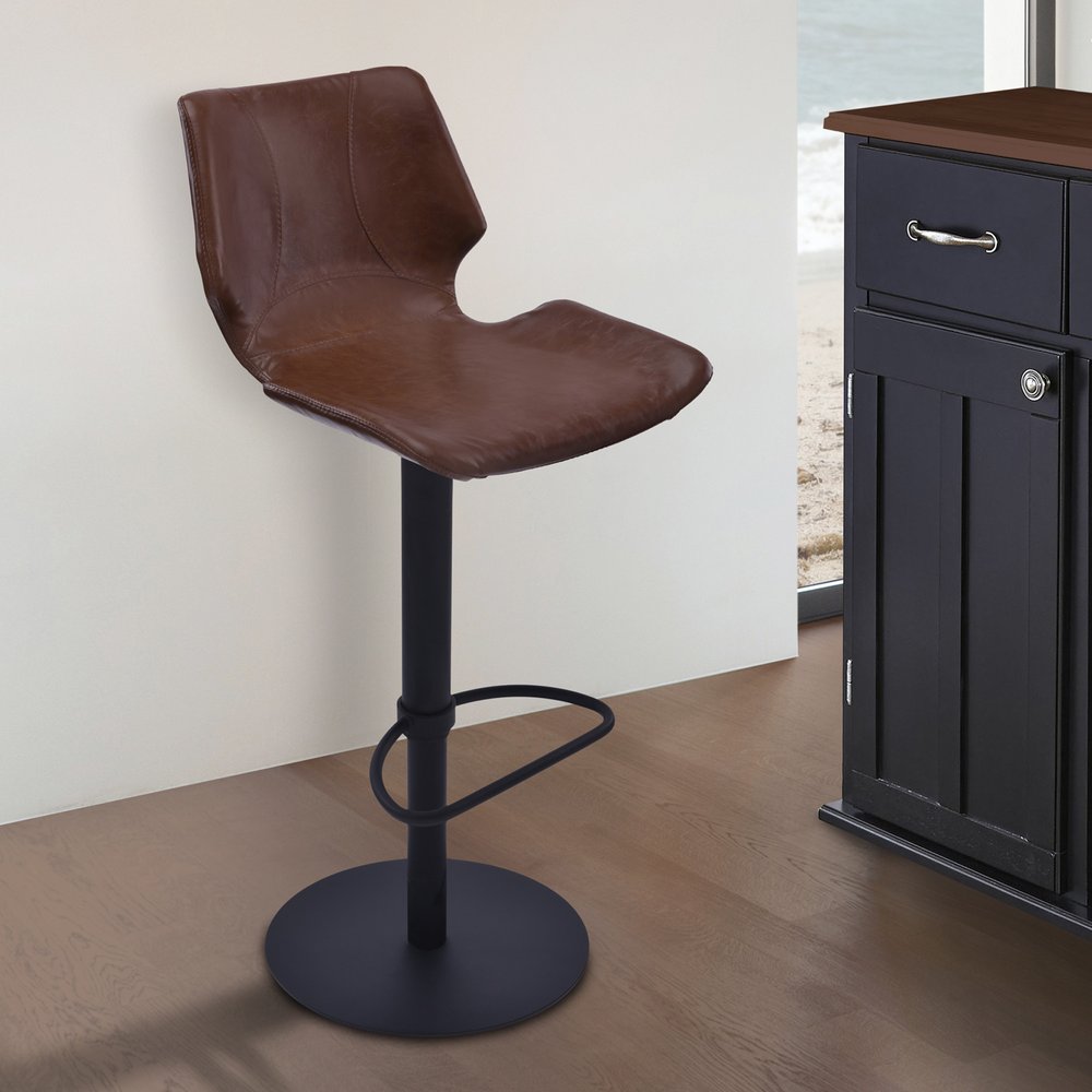21" Coffee And Black Faux Leather And Fabric And Iron Low Back Adjustable Height Swivel Bar Chair