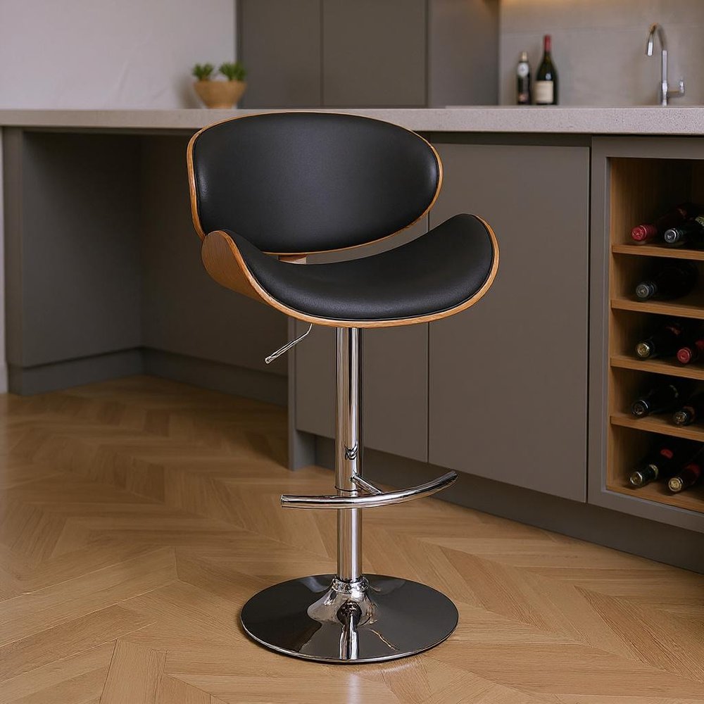 25" Black And Silver Faux Leather And Solid Wood Swivel Low Back Adjustable Height Bar Chair