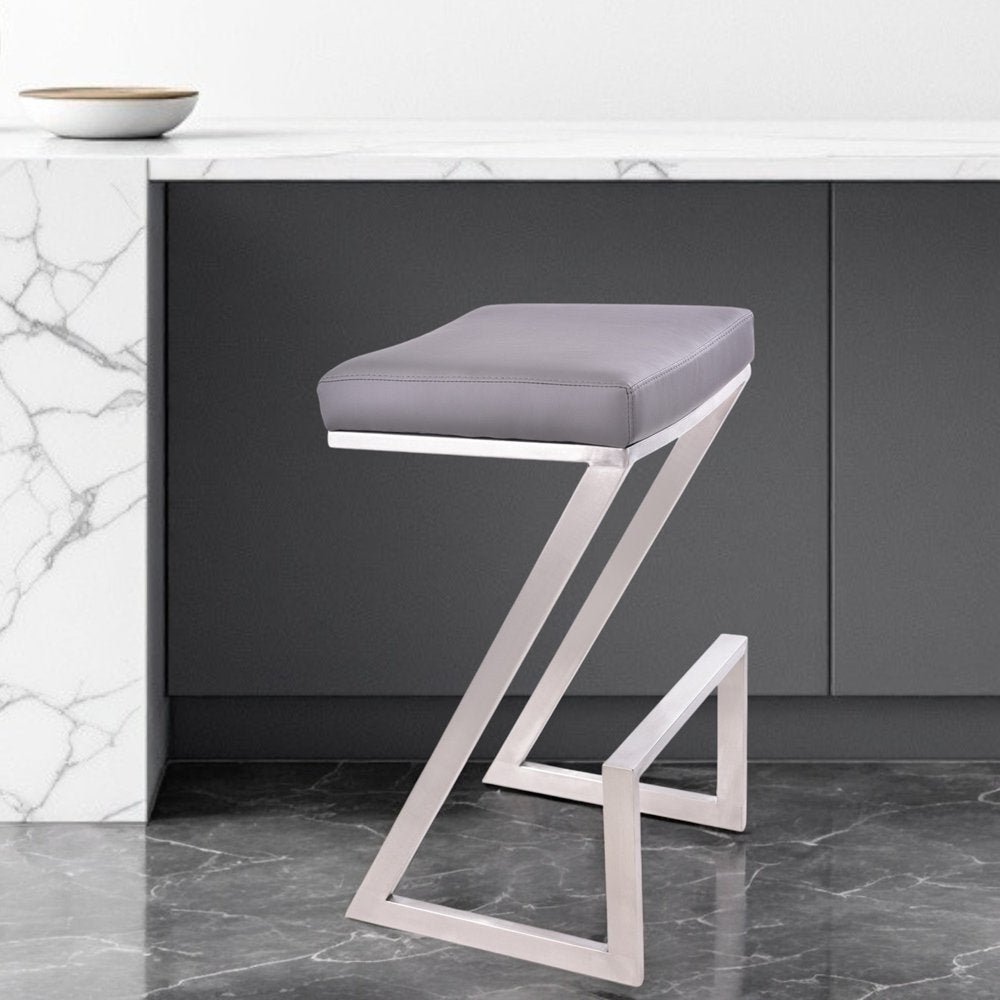 26" Gray And Silver Iron Backless Counter Height Bar Chair