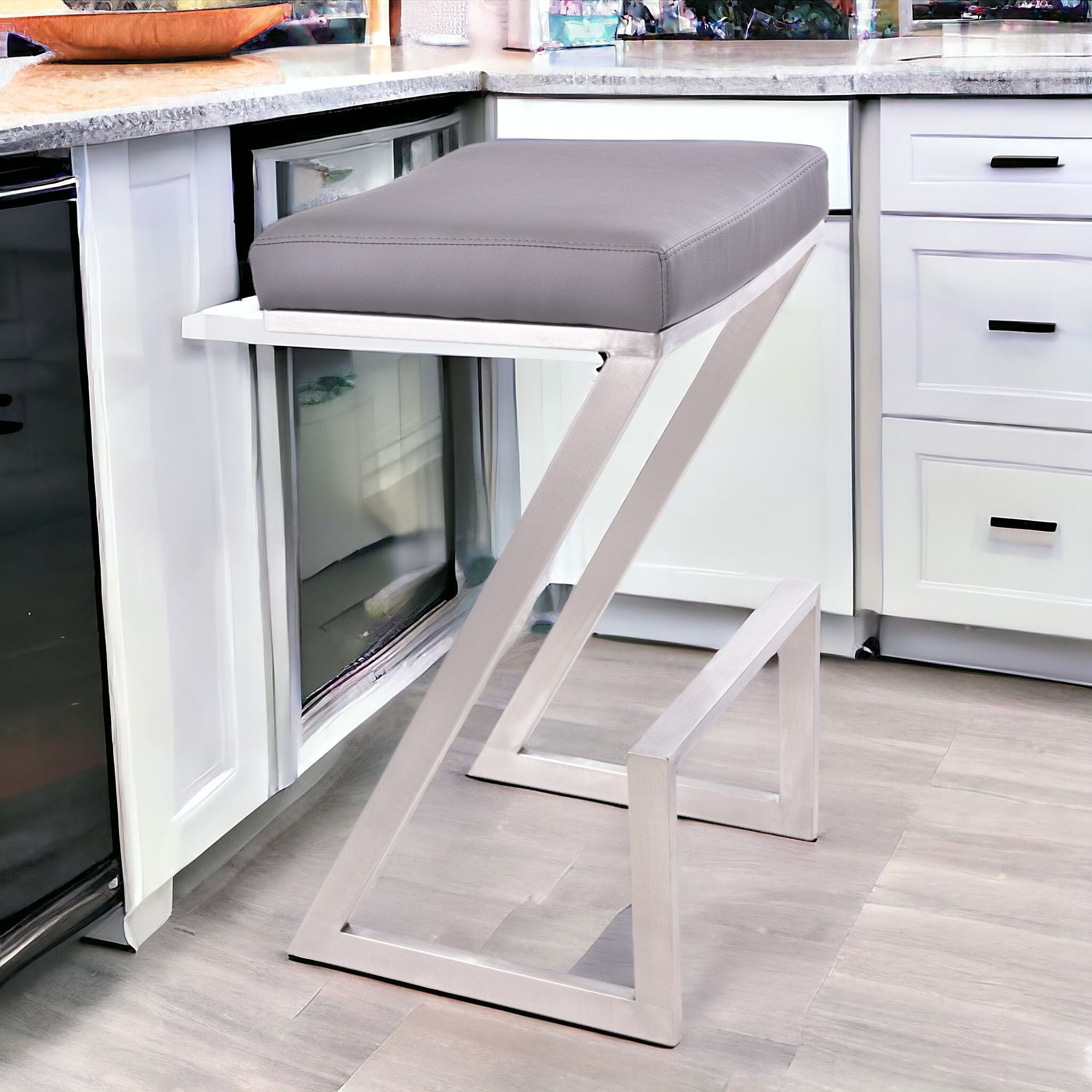 26" Gray And Silver Iron Backless Counter Height Bar Chair