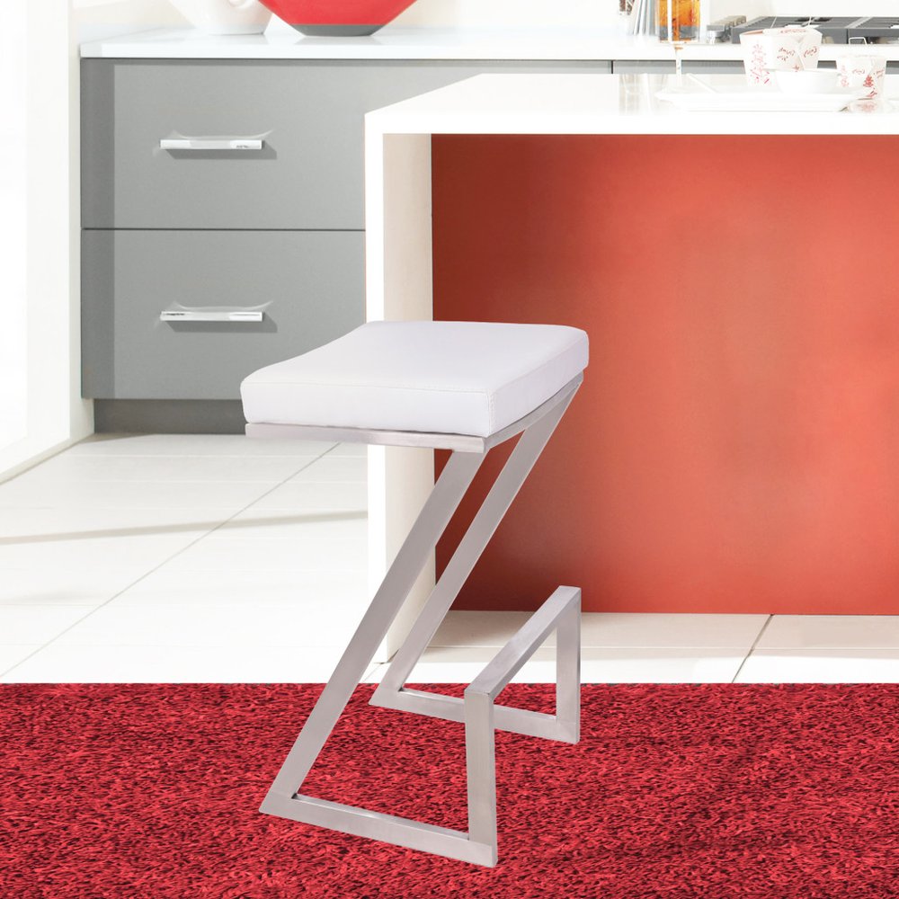 26" White And Silver Fabric And Iron Backless Counter Height Bar Chair