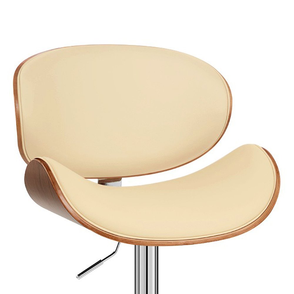 Cream and Silver Faux Leather and Solid Wood Low Back Adjustable Height Swivel Bar Chair