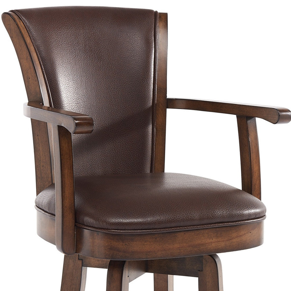 26" Brown And Chestnut Faux Leather And Solid Wood Swivel Counter Height Bar Chair