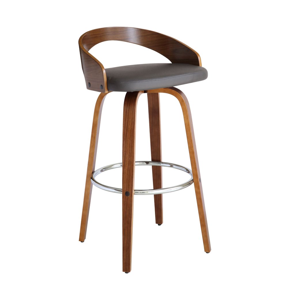 30" Gray And Brown Faux Leather And Fabric And Iron Low Back Bar Height Swivel Bar Chair