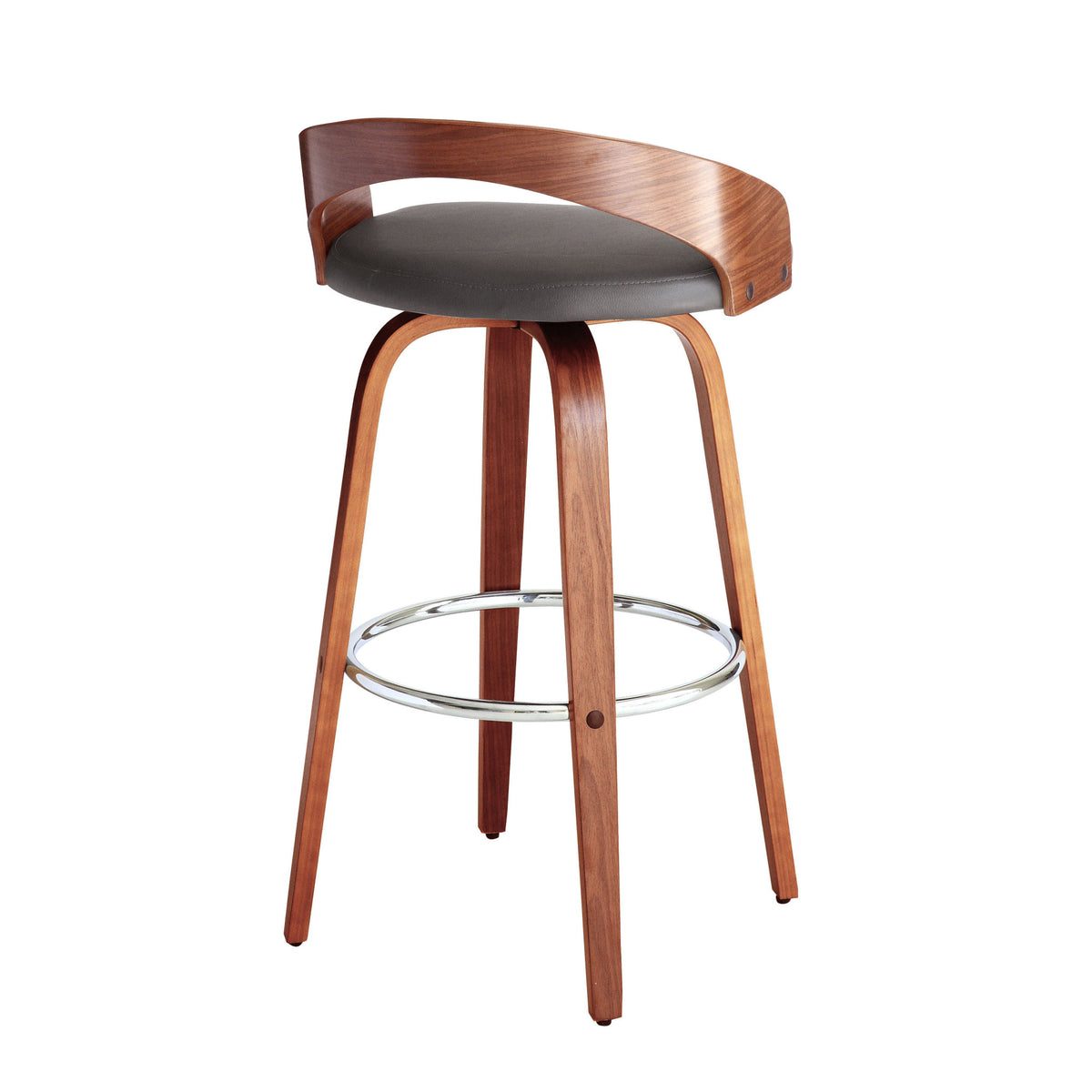 30" Gray And Brown Faux Leather And Fabric And Iron Low Back Bar Height Swivel Bar Chair