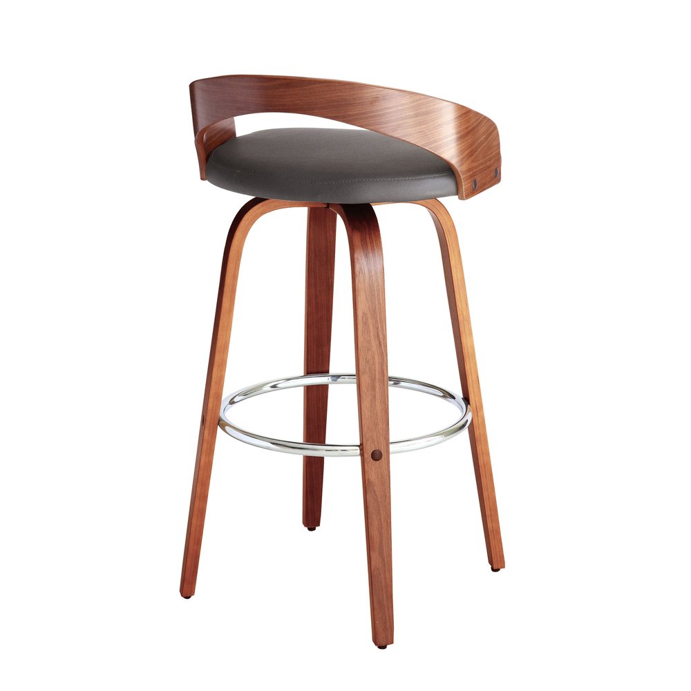 30" Gray and Brown Faux Leather and Iron Low Back Bar Height Swivel Bar Chair