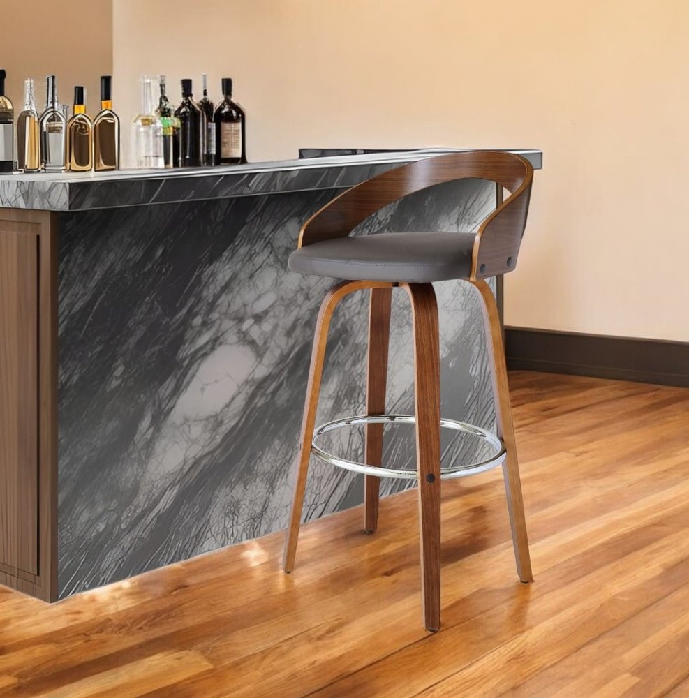 30" Gray and Brown Faux Leather and Iron Low Back Bar Height Swivel Bar Chair