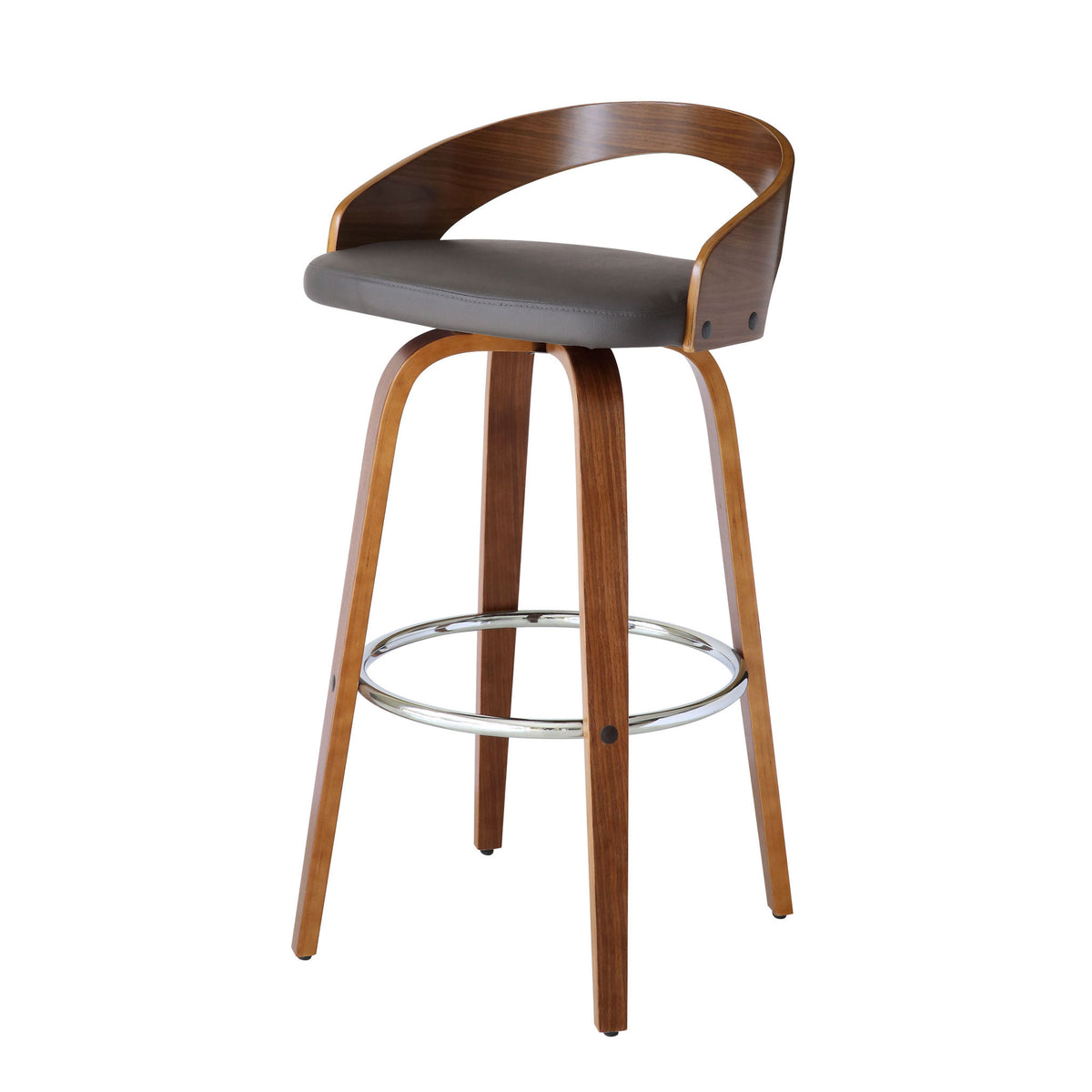 30" Gray And Brown Faux Leather And Fabric And Iron Low Back Bar Height Swivel Bar Chair