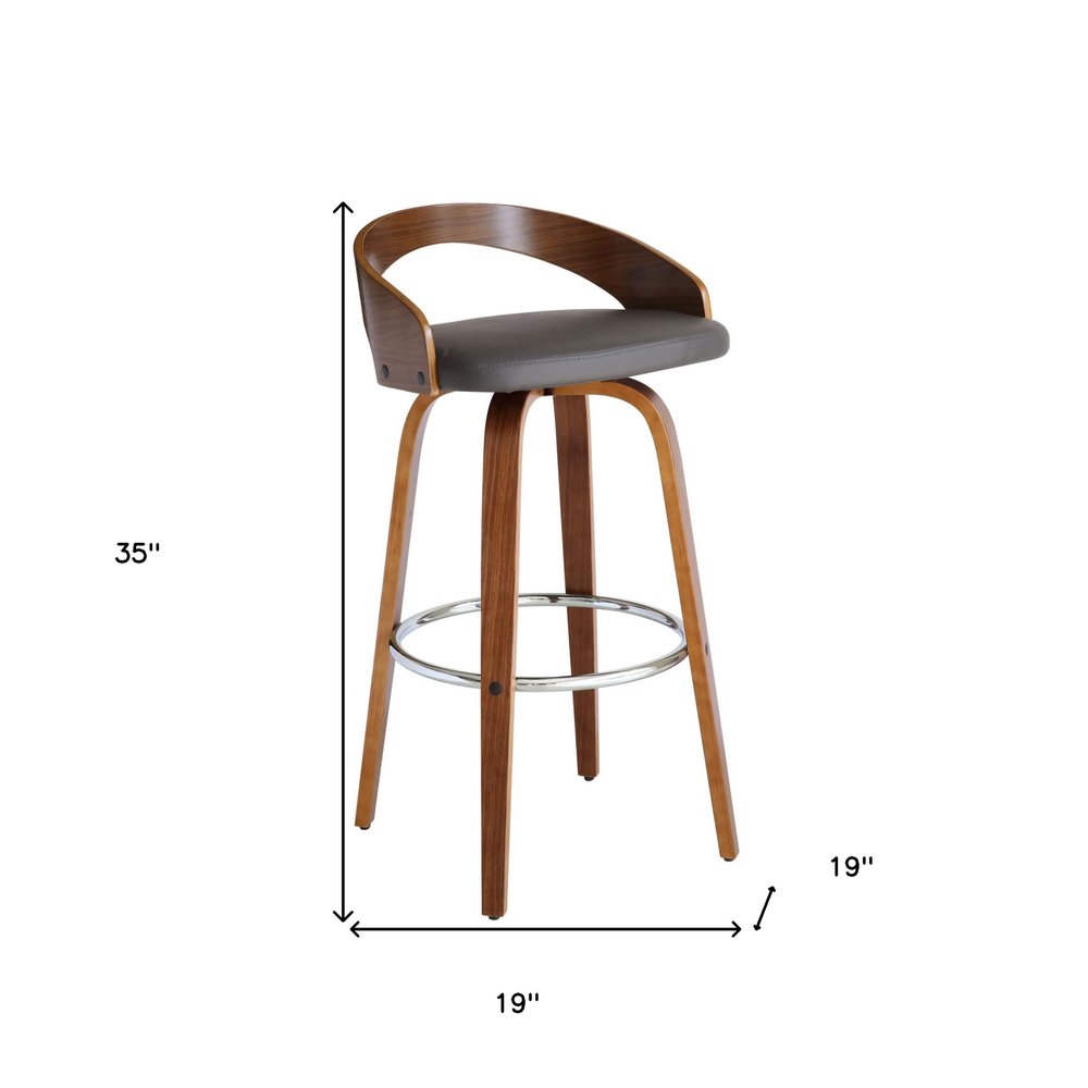 30" Gray and Brown Faux Leather and Iron Low Back Bar Height Swivel Bar Chair