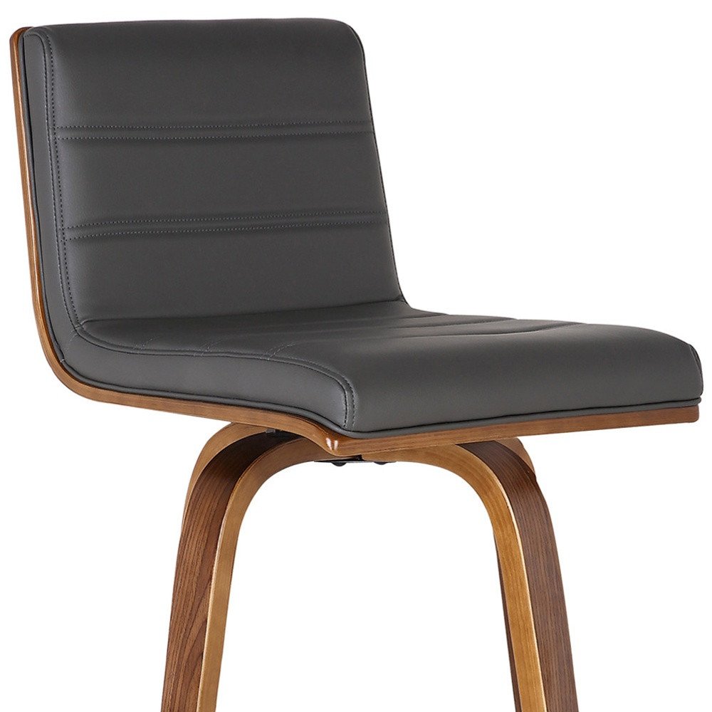 30" Gray And Brown Faux Leather And Solid Wood Low Back Bar Height Swivel Bar Chair