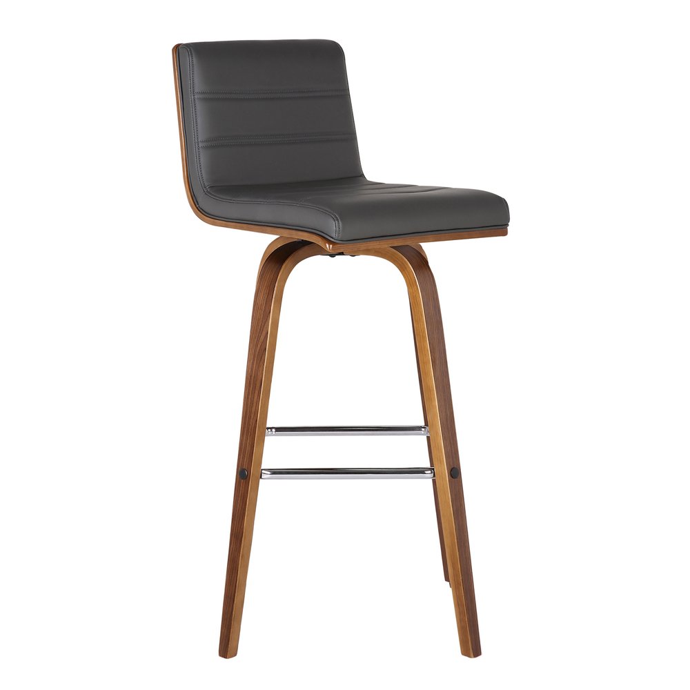 30" Gray And Brown Faux Leather And Solid Wood Low Back Bar Height Swivel Bar Chair