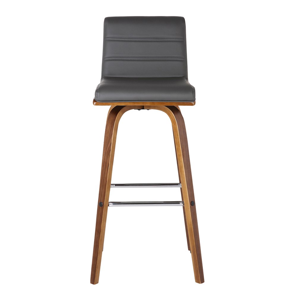 30" Gray And Brown Faux Leather And Solid Wood Low Back Bar Height Swivel Bar Chair