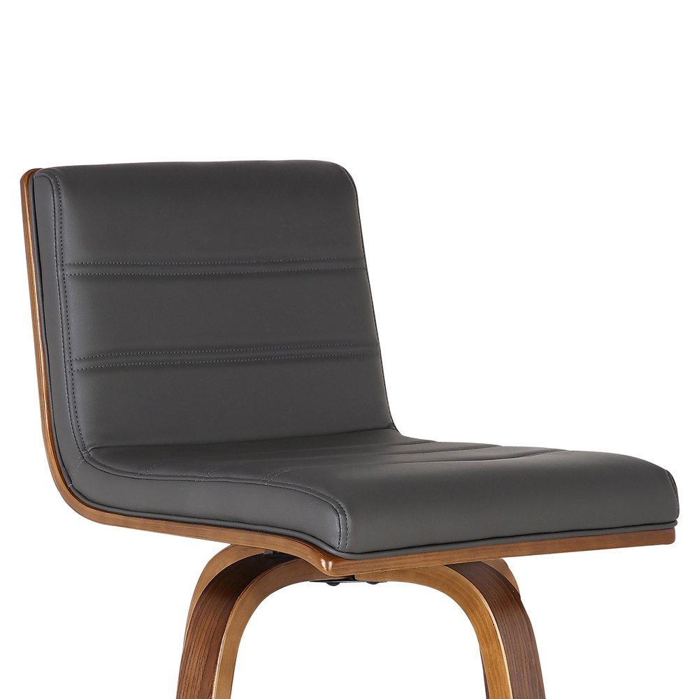 30" Gray And Brown Faux Leather And Solid Wood Low Back Bar Height Swivel Bar Chair