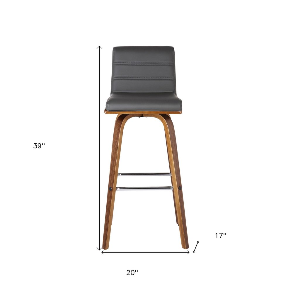 30" Gray And Brown Faux Leather And Solid Wood Low Back Bar Height Swivel Bar Chair