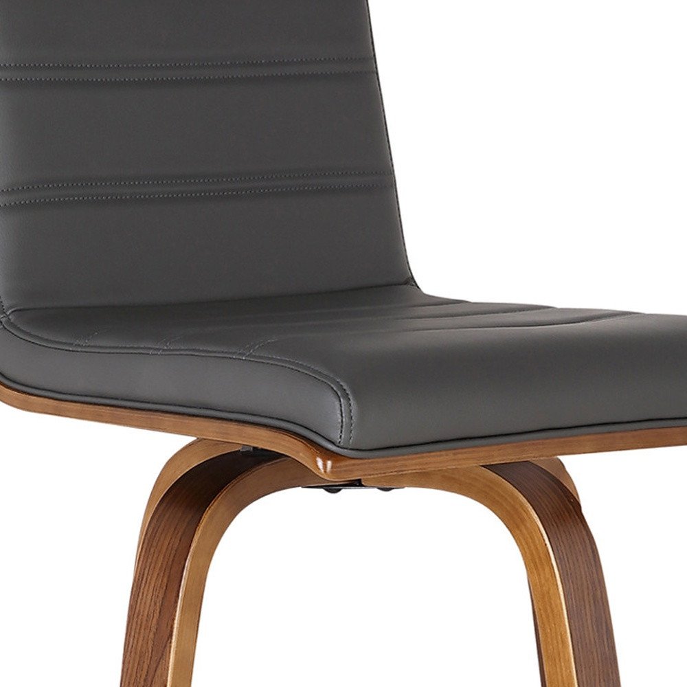30" Gray And Brown Faux Leather And Solid Wood Low Back Bar Height Swivel Bar Chair