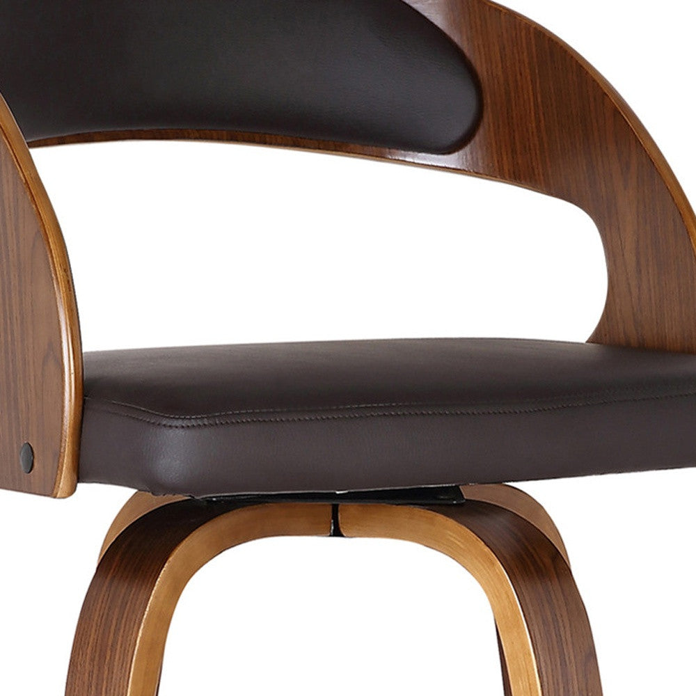 30" Brown Fabric And Solid Wood Low Back Bar Height Swivel Bar Chair