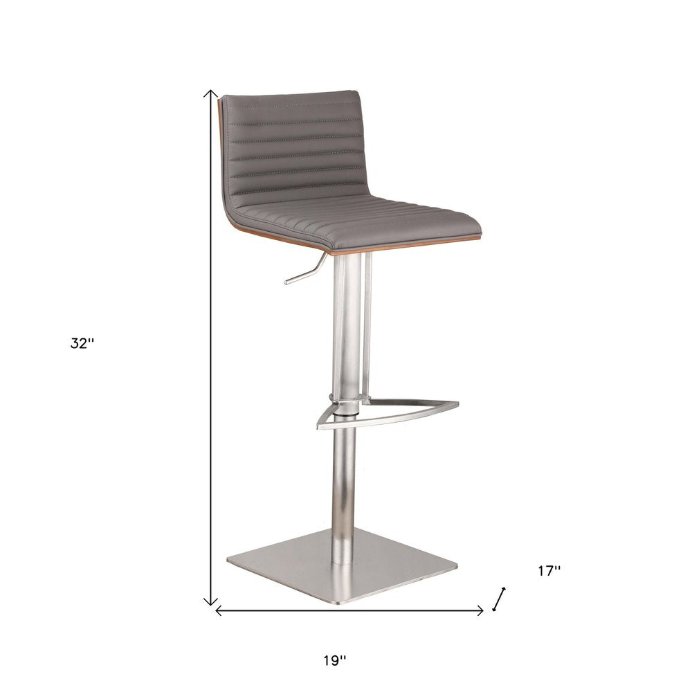Gray And Silver Fabric And Faux Leather And Iron Low Back Adjustable Height Swivel Bar Chair