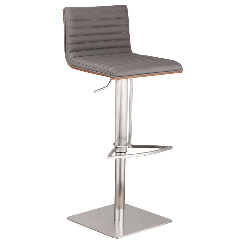 Gray And Silver Fabric And Faux Leather And Iron Low Back Adjustable Height Swivel Bar Chair